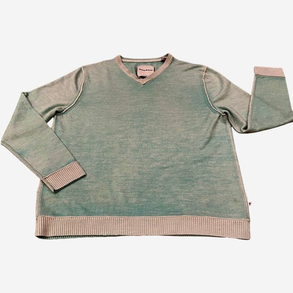Tommy Bahama 100% Extrafine Merino Wool V Neck Sweater Distressed Aqua Blue Size